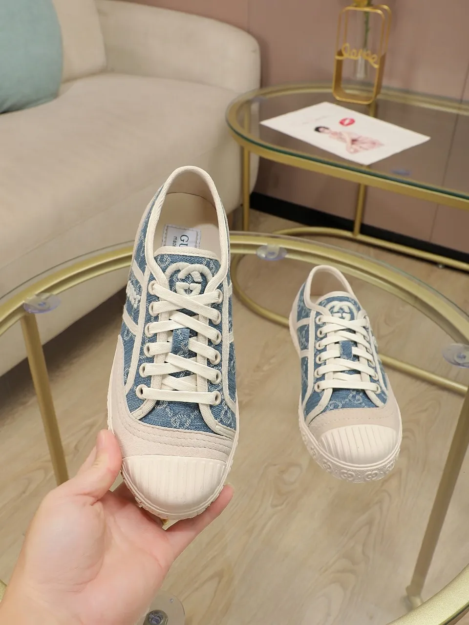 👟👟Ex-factory price 420👟👟 GUCCI~24 The latest double G embroidered low-cut lace-up fashion sneakers, originally developed, the fabric is exclusive double G fabric, the upper is perfectly matched with special craftsmanship, the lining is sheepskin, rubber outsole, size 35 to 40